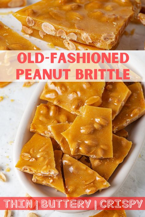 A picture of two pieces of peanut brittle stacked on top of each other. There is a picture below it with multiple pieces of peanut brittle in a white bowl. Buttery Peanut Brittle Recipe, Home Made Peanut Brittle, Peanut Brittle Recipe Easy No Corn Syrup, Bulldog Brittle Recipe, Best Peanut Brittle Recipe, How To Make Peanut Brittle, Peanut Brittle Recipe Easy, Homemade Peanut Brittle, Candy Homemade