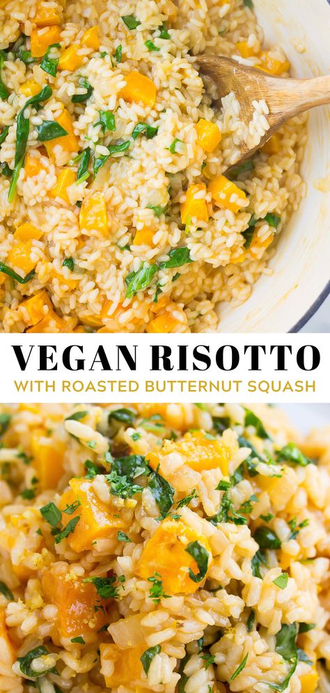 The ultimate comfort food: Vegan Risotto with roasted butternut squash and spinach. Easy, healthy, creamy and totally dairy free! #vegan #plantbased Butternut Squash And Spinach, Vegan Risotto, Plat Vegan, Food Vegan, Winter Comfort, Roasted Butternut Squash, Roasted Butternut, Ultimate Comfort Food, Vegan Dinner Recipes