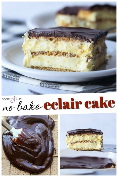 This Easy Eclair Cake Recipe is a crowd pleasing no bake dessert. Layers of graham crackers and fluffy vanilla pudding, topped with a silky chocolate ganache taste just like an eclair without all the work! #cookiesandcups #eclaircake #nobakedessert #iceboxcake Easy Eclairs, Eclair Cake Recipe, Chocolate Eclair Dessert, No Bake Eclair Cake, Eclairs Dessert, Eclair Cake Recipes, Vanilla Pudding Recipes, Eclair Cake, Ganache Recipe