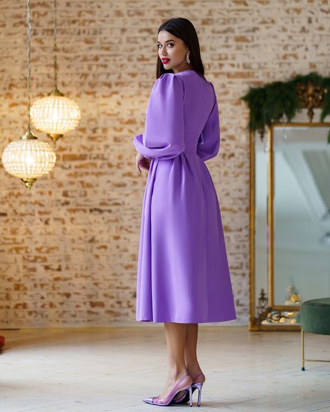 Purple V-Neck Puff-Sleeve Midi Dress – ELAGIA Purple And White Outfit, Purple Dresses Formal, Sleeveless Blouse Designs, Purple Midi Dress, Lantern Sleeve Dress, Lilac Dress, Puff Sleeve Dresses, Capped Sleeve Dress, Long Sleeve Midi