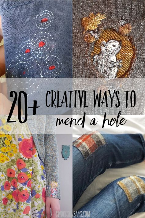 Creative Ways To Mend And Repair Clothes Using Embroidery, Visible Mending T Shirt, Fix Holes In Clothes Embroidery, Visible Mending Tshirt Hole, Jeans Repair Ideas, Visible Mending Shirt, Creative Mending Embroidery, Embroidery Fixing Hole, Embroidery To Cover Holes In Jeans