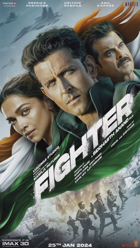 Deepika padukone Anil Kapoor Hrithik Roshan Bollywood movie poster Fighter box office action movie Force Movie, Anil Kapoor, Film Credits, Mataram, Upcoming Films, Hrithik Roshan, Action Film, Bollywood Movie, Indian Movies