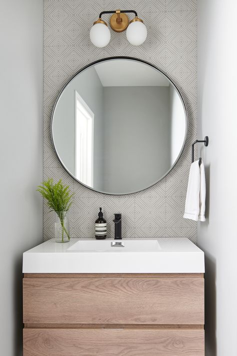 Vanity Powder Room Ideas, Neutral Powder Room, Tiny Powder Room Ideas, Modern Powder Room Ideas, Light Powder Room, Small Powder Rooms, Grey Powder Room, Powder Room Accent Wall, Vanity Powder Room