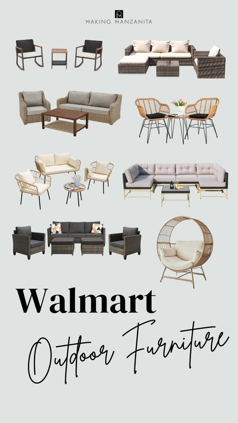 Collage of affordable and trendy outdoor patio furniture with text overlay that says Walmart Outdoor Furniture Furniture Catalog Design, Affordable Outdoor Furniture, Rattan Outdoor Furniture, Rattan Outdoor, Summer Patio, Furniture Catalog, Front Porch Decorating, Catalog Design, Furniture Outdoor