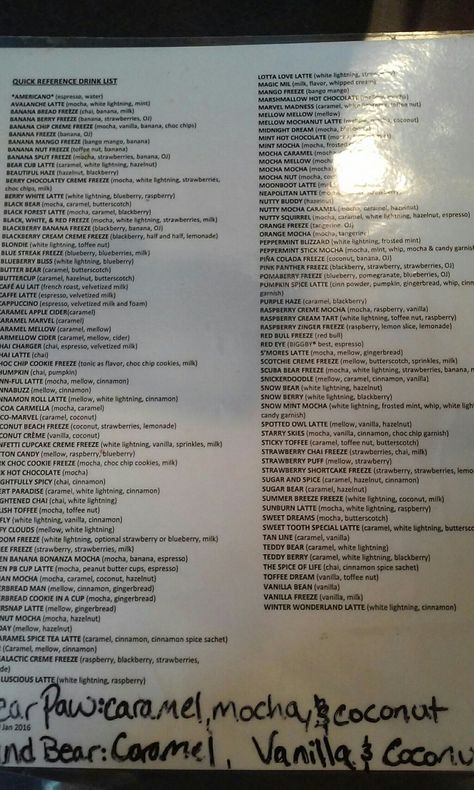 Biggby's Behind the Counter Menu, you're welcome! Biggby Secret Drinks, Biggby Mocktail Recipe, Biggby Coffee Drinks, Bigby Coffee, Creme Cupcake, Biggby Coffee, Energy Drink Recipe, Coffee Bakery, Quick Drinks