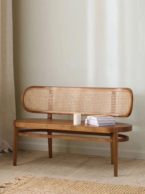 The Normandie Bench features a timeless design, with each intricately carved detail showcasing the skill of our artisans. The use of high-quality wood not only ensures durability but also imparts a warm, organic feel to the piece. The hand-carved elements add a touch of sophistication, making it a focal point in any space. Adding to its charm, the Normandie Bench incorporates rattan, introducing a touch of texture and comfort. The rattan detailing complements the wooden frame, creating a visuall Atl Apartment, Boho Hallway, Breeze Color, Simple Dining Chairs, French Bench, French Dining Chairs, Japandi Decor, Solid Wood Benches, Cane Furniture