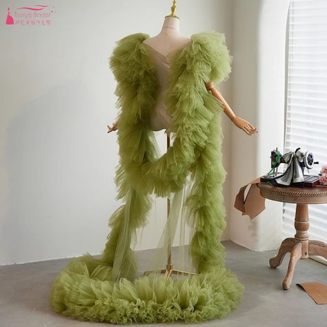 Avocado Green Tulle Long Evening Cape With Ruffles Illusion Sexy  A Line Long Jacket Elegant Bolero Wraps Accessories - AliExpress 320 Elegant Bolero, Shawl Fashion, Green Tulle, Wedding Cape, Bridal Shawl, Long Train, Tulle Wedding, Avocado Green, Long Jacket