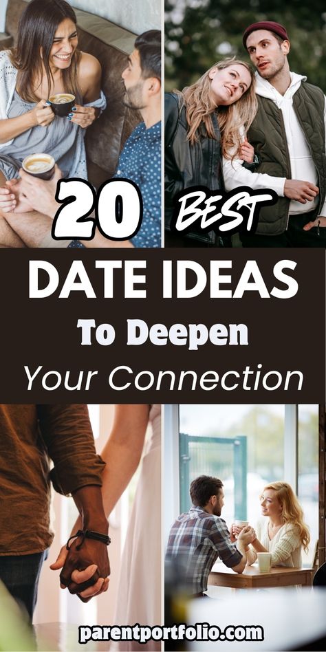 Image showcases four romantic date scenes: a couple enjoying coffee, a casual outdoor stroll, holding hands to signify intimacy, and an engaging conversation at a café. The bold text "20 Best Date Ideas to Deepen Your Connection" is prominently displayed in white and earthy tones. The theme highlights creative, heartfelt date ideas to bring couples closer, emphasizing connection, communication, and shared experiences. Perfect for strengthening relationships and creating meaningful memories. Cute Couple Memory Ideas, Cheap Dates For Couples Marriage, Fun Things To Do On A Date, Bonding Date Ideas, Date Ideas To Rekindle Relationship, Married Date Ideas, August Date Ideas, Adventure Dates Ideas Couple, Weekday Date Ideas