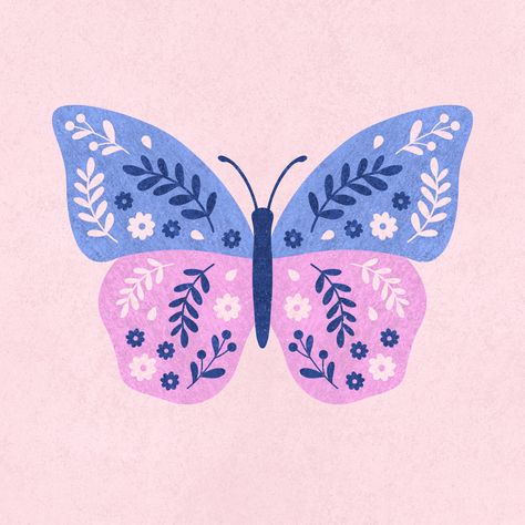 Illustration of a butterfly with folk art ornaments Folk Art Butterflies, Butterfly Folk Art, Butterfly Pottery Painting Ideas, Cute Butterfly Illustration, Butterfly Illustration Art, Easy Butterfly Painting, Aesthetic Things To Draw, Simple Butterfly Drawing, Floral Design Illustration