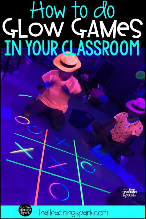 How to do a Glow Games Room Transformation Glow Games Classroom, Glow Classroom, Glow Party Games, Games In The Classroom, Neon Tape, Glow Games, Glow In Dark Party, Glow Stick Party, Blacklight Party