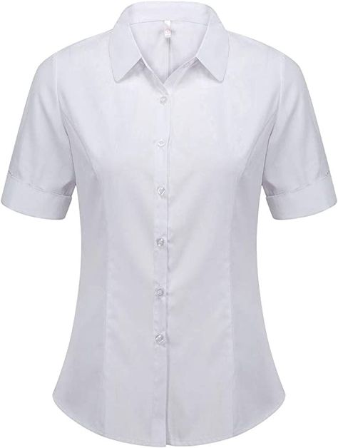 Women's Cotton Basic Simple Stretch Button Down Shirt Tailored Short Sleeve Blouse at Amazon Women’s Clothing store Basic Blouses, Workout Tops For Women, Tailored Shorts, Autumn Clothes, Tailored Shirts, Casual Tank Tops, Work Shirts, Blouse Styles, Shop Blouses