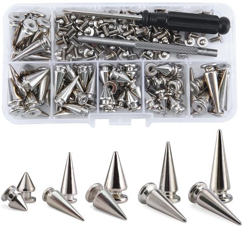 PRICES MAY VARY. ➤ Sturdy Material ---- Spikes and Studs Made of Zinc Alloy, Screws Made of Iron. Each Spike is Smooth with a Fine Finish, and with no Casting Lines,Fine Workmanship and Sturdy. ➤ Sizes and Colors ---- Assorted 5 Different Sizes Tree Spikes ❤ Color: Silver. ❤ 70 Sets Different Designs and Sizes Screwback Studs Along with 2pcs Tools to Meet Your Needs for Different Leathercraft DIY Project.Easy Installation Even You're a New Hand. ➤ Package Contains ---- 70 Sets Spikes Studs with Cheap Metal Punk Rings, Jewelry Made From Tools, Cheap Spiked Jewelry For Concerts, Studs And Spikes, Leather Kits, Leather Rivets, Leather Diy Crafts, Leather Collar, Plastic Storage