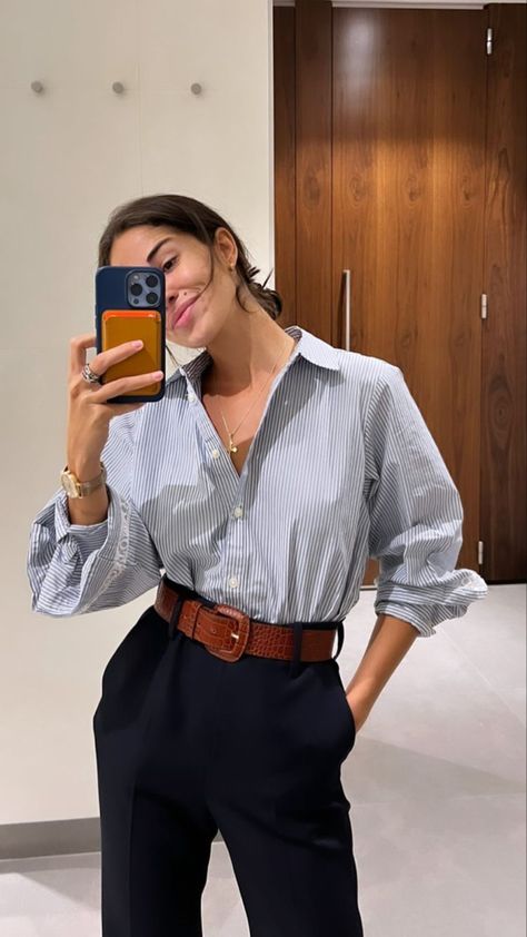 Day To Night Business Outfit, Executive Professional Outfits Women, Button Down Work Outfit Women, Denim On Denim Work Outfit, Old Money Nails Ideas Short, Business Woman Hairstyles, Business Attire Women Office Chic, Formal Clothes Women, Female Office Outfits