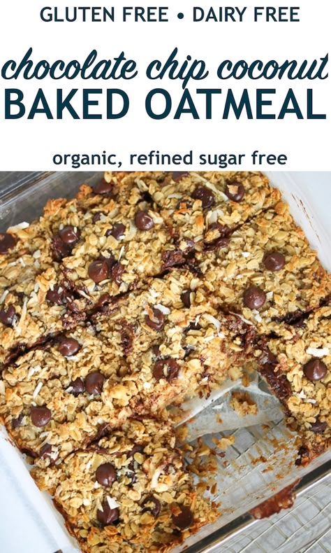 Just Jessie B: Chocolate Chip Coconut Baked Oatmeal | Gluten Free, Dairy Free Coconut Baked Oatmeal, Dairy Free Bread, Baked Oatmeal Recipe, Coconut Baking, Dessert Sans Gluten, Dairy Free Snacks, Dairy Free Chocolate Chips, Baked Oatmeal Recipes, Dairy Free Breakfasts