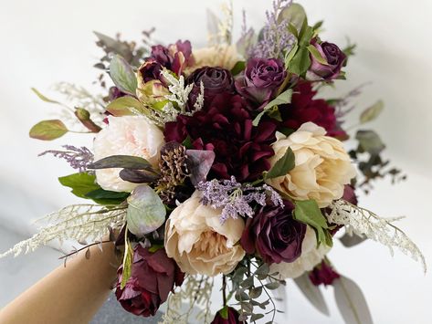 "Size about 25cm / 10\" in diameter for a bridesmaid bouquet about 40cm / 15\" in diameter for a bridal bouquet Material silk flowers, faux foliage, etc. Flowers & Foliages peony, dahlia, rose, peony, eucalyptus, etc. Colors burgundy, purple, lavender, champagne, ivory white, etc. * Please kindly note that my shop is based in China, so all the flower works in my shop will be shipped abroad. *" Eggplant Purple Wedding Bouquet, Burgundy And Purple Wedding Flowers, Purple Fall Bouquet Wedding, Deep Purple Wedding Flowers, Dahlia Peony Bouquet, Burgundy Lilac Wedding, Burgundy And Purple Wedding, Mulberry Wedding Color Scheme, Purple And Burgundy Wedding