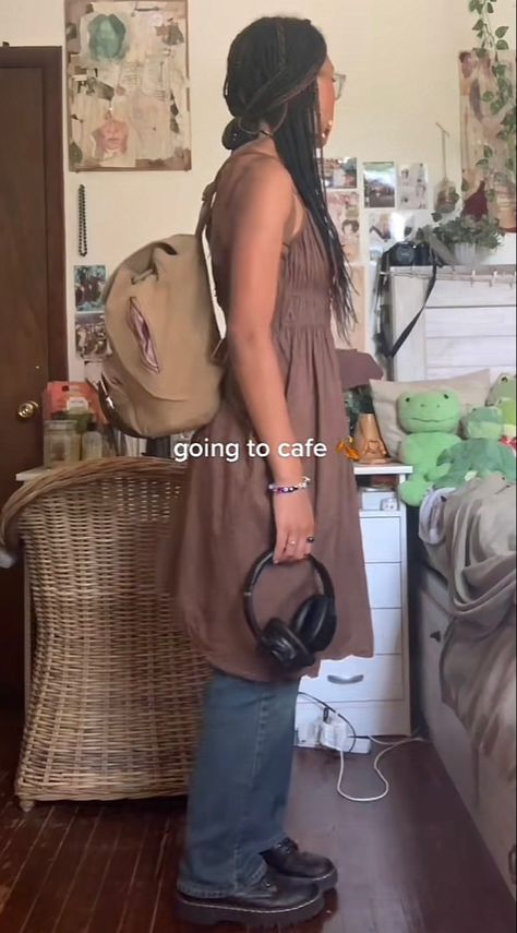 ootd, outfit, fashion, dress, dress over jeans, brown dress, earthy, brown, earty outfits, summer outfit, fall outfit Brown Dress Outfit Aesthetic, Dress With Jeans Underneath, Brown Dress Outfit, Dress Outfit Aesthetic, Brown Dresses Outfit, Dress Over Jeans, Jeans Brown, Dress Jeans, Earthy Brown