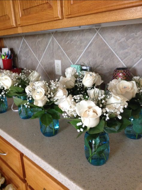 Simple Rehearsal Dinner Decorations, Rehearsal Dinner Centerpiece Ideas, Rehearsal Dinner Decorations Table, Blue Ball Jars, Rehearsal Dinner Decor, Rehearsal Dinner Centerpieces, All White Flowers, Wedding Rehearsal Dinner Decorations, Rustic Rehearsal Dinners