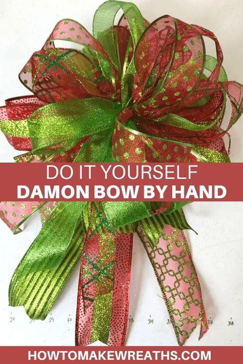 Fancy Bows Diy, Diy Mesh Wreath Tutorial Step By Step, Ribbon Wreath Tutorial Step By Step, Ez Bow Maker, Diy Wreath Bow Tutorial, Making Bows For Wreaths, Bow Making Tutorials, Funky Bow, Christmas Bows Diy