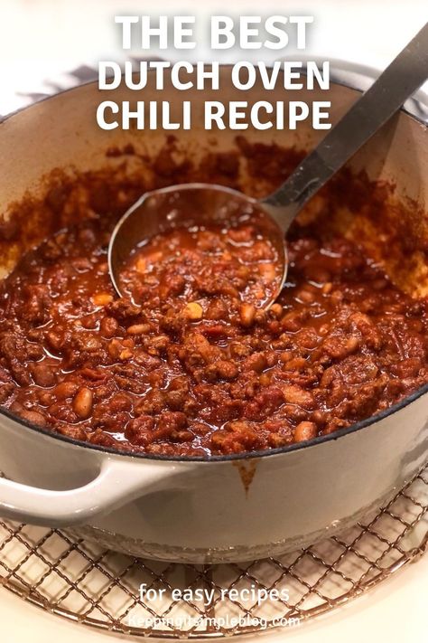 This classic chili made in a Dutch oven is so delicious and perfect for so many occasions. Easy Chili Recipe Dutch Oven, Cast Iron Chilli Recipe, Chili In A Dutch Oven, Chilli Dutch Oven Recipes, Easy Dutch Oven Chili, Chili In Dutch Oven One Pot, Chili Recipe Dutch Oven One Pot, Chilli Recipe Dutch Oven, Dutch Oven Chilli Recipes