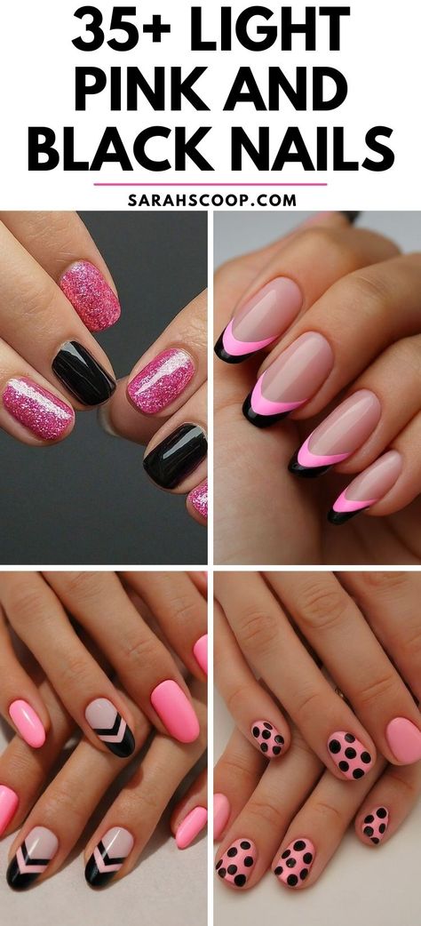 Experience elegance with these beautiful nail art designs that perfectly combine the softness of light pink with the boldness of black. #NailArt #PinkAndBlackNails Pink With Black Nails Art Designs, Black And Pink Simple Nails, Black White Pink Nails Designs, Pink And Black Summer Nails, White Black And Pink Nails, Pink Nail Tip Designs, Black Pink French Tip Nails, Pink Black Nails Acrylic, Black With Pink Nails