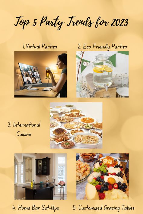 These are five party trends to look forward to in 2023. 1. Virtual Parties 2. Eco-Friendly Parties 3. International Cuisine 4. Home Bar Set-Ups 5. Customized Grazing Tables What will be your go to this year? #dreamofusevents #partytrendsfor2023 #parties #trends2023 #2023partyideas #2023 Party Trends 2023, Home Bar Sets, Party Trends, Virtual Party, Grazing Tables, Trends 2023, Bar Set, Home Bar, Ups