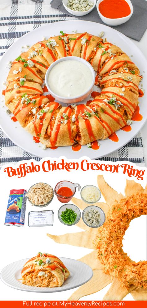 Buffalo Chicken Crescent Ring- easy meal for family. Crescent roll dough tubes refrigerated. Simple dinner or lunch to make for your kids or family. Easy shredded chicken idea. Buffalo Chicken Crescent, Buffalo Chicken Ring, Chicken Crescent Ring, Chicken Ring, Chicken Crescent, Easy Shredded Chicken, Crescent Ring, Crescent Roll Dough, Simple Dinner