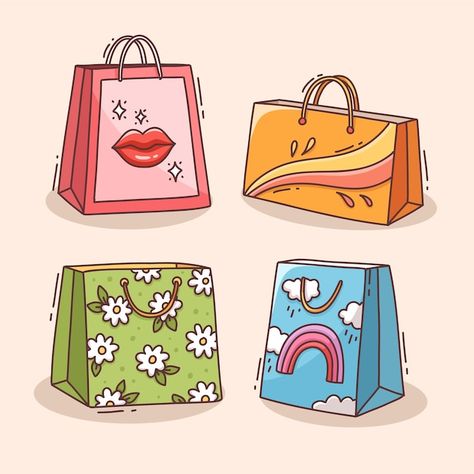 Free vector hand drawn shopping bag cart... | Free Vector #Freepik #freevector #pay #beautiful #fashionable #illustration Shopping Bags Drawing, Shopping Bag Drawing, Shopping Bag Illustration, Bag Doodle, Banners Design, Bag Illustration, Drawing Bag, Bag Cartoon, Fun Illustration