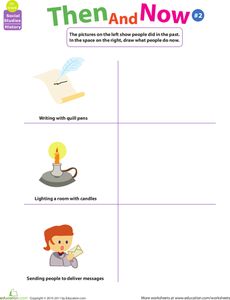 Thinking Past and Present: Then and Now #2 Worksheet Then And Now Activities, Then And Now Kindergarten, History Mysteries, Teaching Maps, Holidays Activities, Motivational Quotes For Teachers, Teaching Vowels, School Works, Kindergarten Social Studies