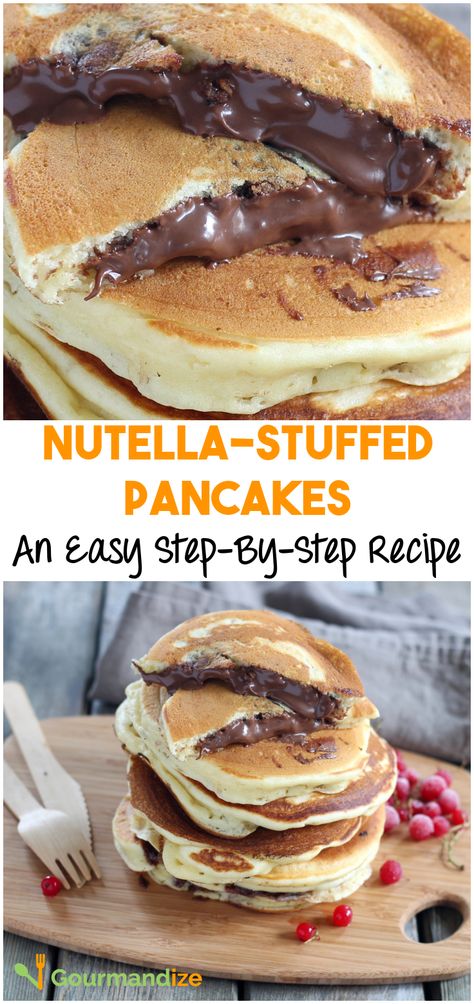 Pancakes oozing with Nutella = heaven. Find out how to make them with this simple step-by-step guide. Things To Make With Nutella Easy, Nutella Breakfast Ideas, Nutella Pancakes Recipe, Nutella Breakfast Recipes Easy, Nutella Pancake Recipe Easy, Nutella Recipes Breakfast, Nutella Breakfast Recipes, Pancake Recipe Nutella, How To Make Nutella Pancakes