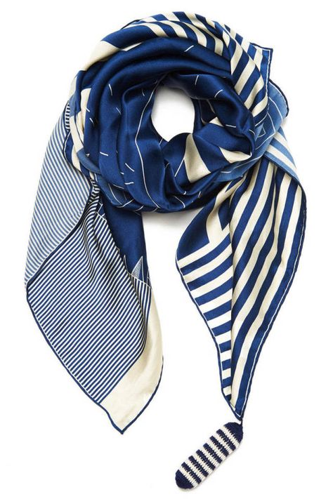 Rumisu scarf, $245, shopBAZAAR.com.    - TownandCountryMag.com Styles For Summer, Scarf Photography, Nautical Outfits, Nautical Stripes, Fashion Articles, Striped Scarves, Summer Scarves, Nautical Fashion, Scarf Design