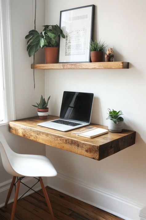 Floating furniture like wall-mounted desks and shelves to keep your small home feeling open and airy. Free up floor space and maintain a clean, uncluttered look. 🖼✨🌿 #FloatingFurniture #SmallHomeDecor #OpenSpaces #MinimalistLiving Floating Shelf As Desk, Over The Desk Shelves, Floating Desk Shelf, Office And Living Room Combo, Floating Wood Desk, Desk With Floating Shelves, Floating Shelves Desk, Floating Desk Ideas, Floating Wall Desk