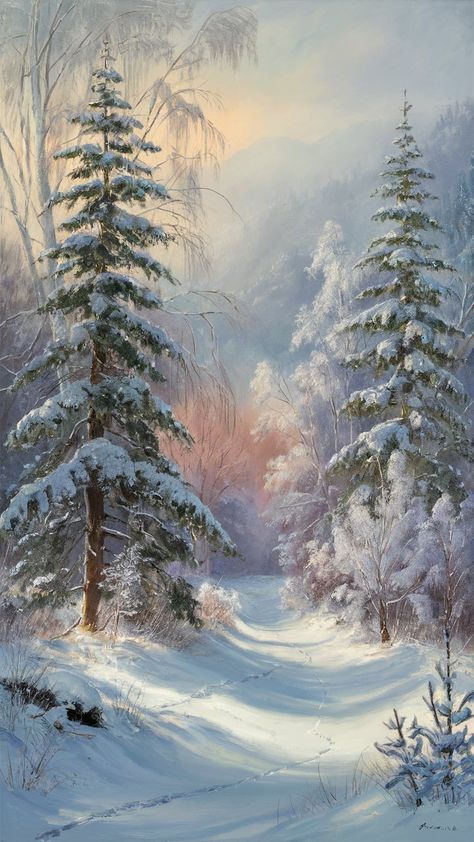 Immerse yourself in this impressionistic winter landscape painting, where a tranquil forest is cloaked in fresh snow. Majestic evergreens, glistening under a soft sun, create a dreamlike atmosphere. The harmonious blend of blues, whites, and pastels invites reflection on nature's beauty. Experience the serene allure of a snowy paradise, evoking Romanticism's deep connection with the natural world. #WinterArt #Impressionism #SnowyLandscape #NatureBeauty Landscape Winter Painting, Winter Artwork Inspiration, Snow Paintings Landscape, Snowy Forest Art, Winter Art Aesthetic, How To Paint Snow, Snowy Landscape Painting, Snow Scenes Winter Landscape, Winter Forest Aesthetic