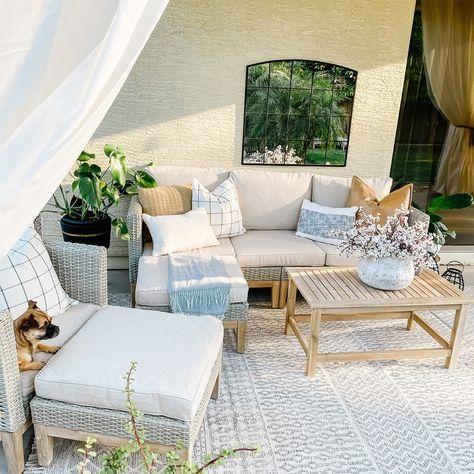 5-Piece Outdoor Rattan & Acacia Wood Sectional Sofa Set, Patio Wicker Conversation Set with Coffee Table - On Sale - Bed Bath & Beyond - 37834176 Country Sofa, Pit Sofa, Country Sofas, Aluminum Furniture, Wood Sofa, Deck Furniture, Patio Sofa, Conversation Set Patio, Patio Dining Set