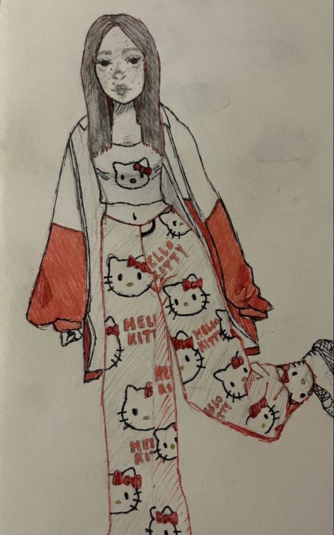 Yk2 Art Drawing, Hello Kitty Pants Drawing, Hello Kitty Outfit Drawing, Hello Kitty Clothes Drawing, Hello Kitty As Human Drawing, Hello Kitty As A Person Drawing, Hello Kitty Human Drawing, Hello Kitty Girl Drawing, Drawing Ideas Easy Hello Kitty