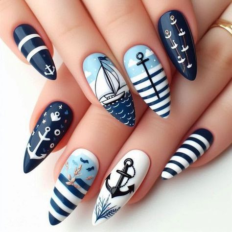 Nautical Theme Nails, Sailboat Nails, Indi Nails, Elegant Manicure Ideas, Boat Nails, Pirate Nail Art, Anchor Nail Designs, Sailor Nails, Nautical Nail Designs