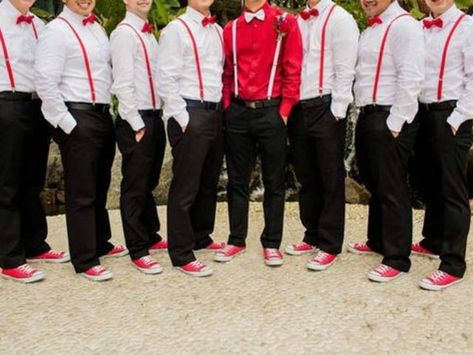 Black leather shoes are typical for tuxedos while any type of shoe is match to suits... Damas And Chambelanes Outfits, Chambelanes Outfits Quinceanera Red, Quinceanera Chambelanes, Chambelan Outfits, Matching Converse, Festa Rock Roll, Chambelanes Outfits, Quinceanera Court, Red Quince