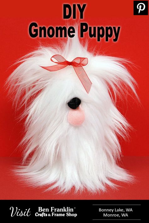 DIY Gnome Puppy - Ben Franklin Crafts and Frame Shop Pool Noodle Gnomes Diy, Faux Fur Crafts, Dog Gnomes Diy How To Make, Pompon Animals, Gnome Puppy, Fake Fur Crafts, Puppy Gnome, Dog Gnomes, Fur Crafts