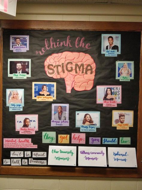 Rethink the stigma on mental health with popular celebrities who are open about their mental health issues Neuro Bulletin Board Ideas, Rethink The Stigma Bulletin Board, Mental Health Door Ideas Classroom, Psychology Board Ideas, Health Classroom Ideas, School Psych Bulletin Boards, Prevention Bulletin Board, High School Health Activities, Mental Wellness Bulletin Board