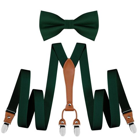 PRICES MAY VARY. The set includes 1* Pre-tied Bow tie & 1*Shirts Holder and 1*Y Shape Suspenders. Suspender size: suspender width is 1", length adjustable and total length Up to 45". Bow Tie size:2.4 inches (6cm) wide and 4.72 inches(12cm)long Suspender with STRONG CLIPS - Our suspenders' clips made of high quality strong metal, not easy to rust, not easy to fall off and not easy deformation. Bow tie easy to wear due to it is already pre-tied, 4 clips suspender great for trousers, Jeans, suit, s Jeans Suit, Green Suspenders, Suspenders Wedding, Black Suspenders, Suspenders Set, Trousers Jeans, Pre Tied Bow Tie, Groomsmen Attire, Wedding Formal