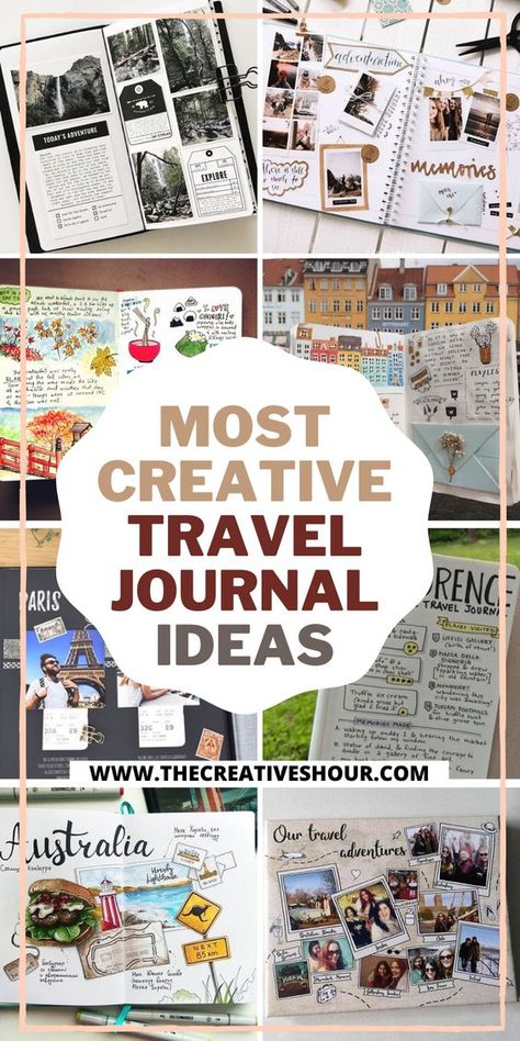 Traveling Book Ideas, Road Trip Book Diy Travel Journals, Creative Travel Journal Ideas, Travel Photo Journal, Diy Travel Scrapbook, Travel Journal Page Ideas, Junk Journal Travelers Notebook, Travelers Journal Ideas, Travel Journal Ideas Inspiration