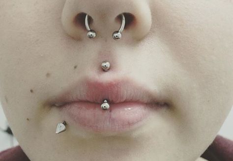 Vertical Medusa Piercing, Jestrum Piercing Lips, Vertical Philtrum Piercing, Jestrum Piercing, Body Modification Piercings, Philtrum Piercing, Lip Piercings, Piercing Inspo, Medusa Piercing