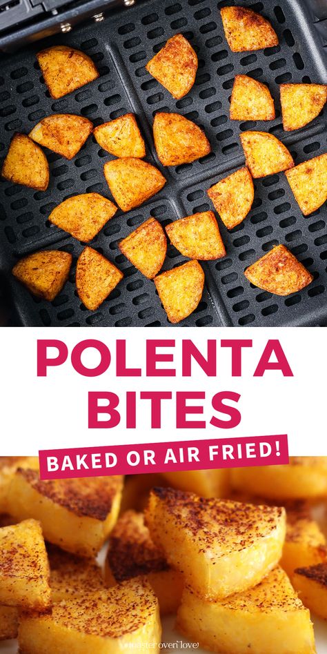 Polenta wedges in an air fryer basket and golden crispy seasoned wedges stacked on a plate. Polenta Recipes Tube Vegan, Polenta Tube Recipes Easy, Air Fryer Polenta Cakes, Polenta Bites Appetizers, Polenta Recipes Tube Air Fryer, Polenta Recipes Tube Baked, How To Cook Polenta Tube, Polenta Air Fryer, Polenta Tube Recipes