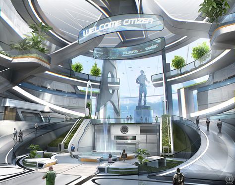 Kota Masa Depan, Sci Fi Architecture, Spaceship Interior, Sci Fi City, Sci Fi Environment, Futuristic Interior, Futuristic City, Future City, Science Fiction Art