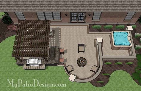 775 sq. ft. of Outdoor Living Space. Areas for Outdoor Dining, Grilling,Fire Pit with Seating and Hot Tub. 12’ x 16’ Cedar Pergola with Column Patio Plan, Hot Tub Patio, Patio Plans, Backyard Layout, Patio Layout, Pool And Hot Tub, Concrete Patios, Brick Patio, Backyard Area