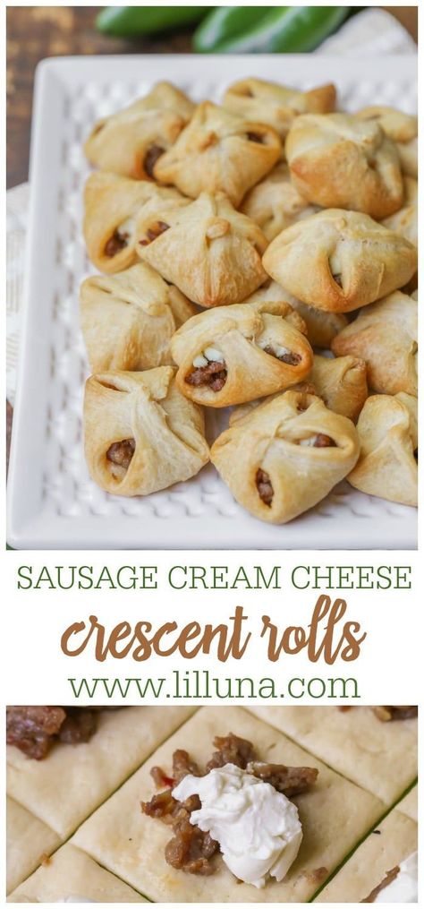 Sausage Cream Cheese Crescent Rolls, Crescent Sausage Bites, Sausage Bites, Cream Cheese Crescent Rolls, Cheese Crescent Rolls, Party Food Dessert, Crescent Roll Recipes, Breakfast Sausage, Superbowl Party Food