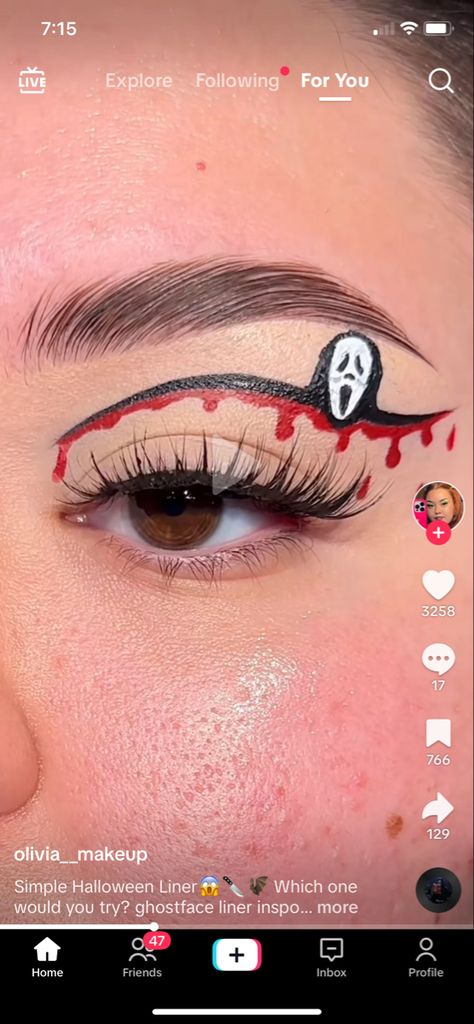 Ghost Face Makeup Ideas, Scream Makeup Simple, Ghost Face Eye Makeup, Subtle Halloween Eye Makeup, Scream Make Up Looks Easy, Ghost Face Makeup Look, Ghost Face Face Paint, Ghost Face Eyeliner, Ghostface Eyeliner