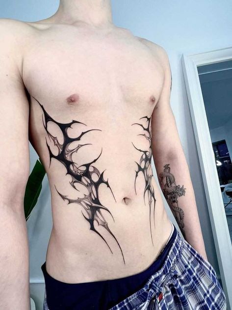 White Tattoos On Pale Skin, Rib Tattoos Men, Torso Tattoo Men, Ribs Tattoo Men, Belly Tattoo Men, Waist Tattoos Men, Rib Tattoo Men, Collarbone Tattoo Men, Rib Tats