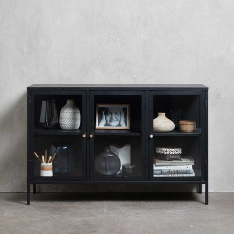 Salinas 3 Door Glazed Sideboard available online at Barker & Stonehouse. Browse our fabulous range today! Glass Sideboard, Metal Sideboard, Glass Panel Door, Door Displays, Black Sideboard, Kitchen Sideboard, Metal Cabinet, Glass Cabinet Doors, Bookcase Shelves