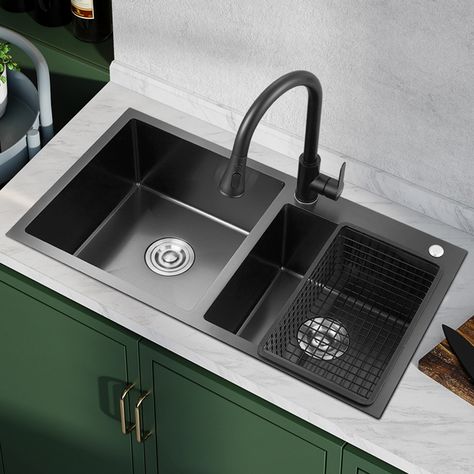 Stainless Steel Black Kitchen Sink Double Bowl Wash Sink Black Titanium Technology HM8245 Double Sink Kitchen, Black Sink Kitchen, Wash Sink, Kitchen Sink Ideas, Double Kitchen Sink, Modern Kitchen Sinks, Black Kitchen Sink, Kitchen Sink Organizer, Sinks Kitchen Stainless