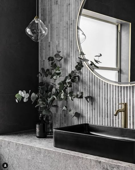 Dark Powder Room Ideas, Dark Powder Room, Dark Grey Bathroom, Kitchen Quotes Decor, Black Interiors, Property Agent, Dark Gray Bathroom, Powder Room Vanity, Beautiful Bathroom Designs